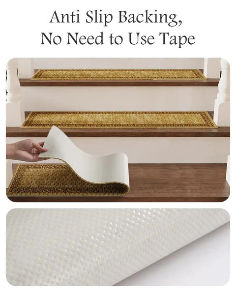 Non Slip Stair Treads For Wood Steps Indoor 15 Piece PVC Backed Yellow Stair Carpet Mats with easy install and close-up of backing