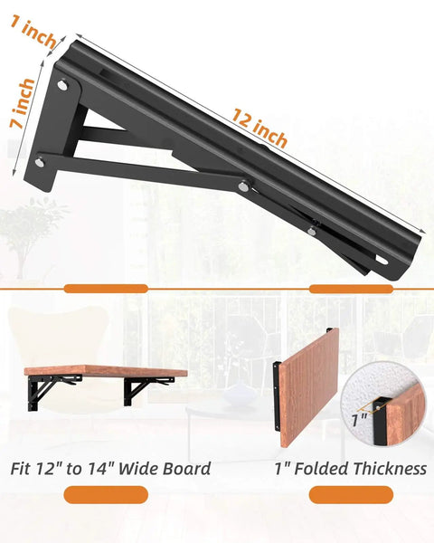 Beefy 12 Inch Foldable Shelf Brackets For DIY Tables And Shelves, Heavy Duty L Shaped Supports, dimensions and usage details