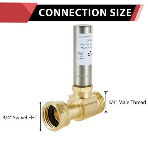 Heavy Duty Stainless Steel Water Hammer Arrestor For Washing Machine Supply Lines Three Quarter Inch Swivel FHT To MHT Connection 250 PSI Max Low Lead Brass CUPC NSF Listed For Horizontal Or Vertical Install, 3/4 inch threads