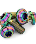 Premium Grade Low Profile Titanium Water Bottle Cage Bolts M5 X14mm in vibrant colors, showcasing the hex drive design and low profile head.