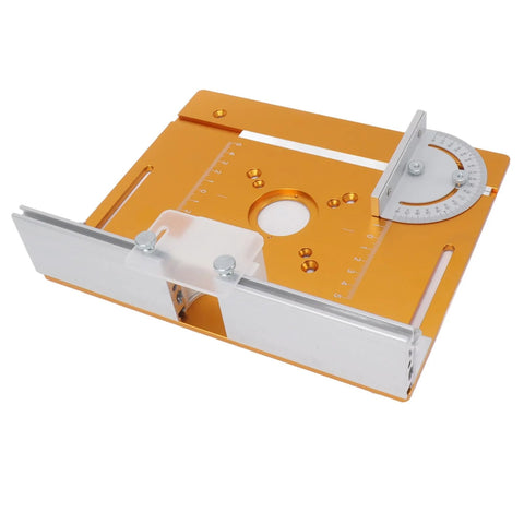 Front view of orange aluminum router table insert plate with adjustable silver fence and protractor dial.