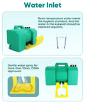 Water inlet of Portable Eight Gallon Eyewash Station Worksite Ready Gravity Fed Emergency Rinse, green tank with yellow activator.