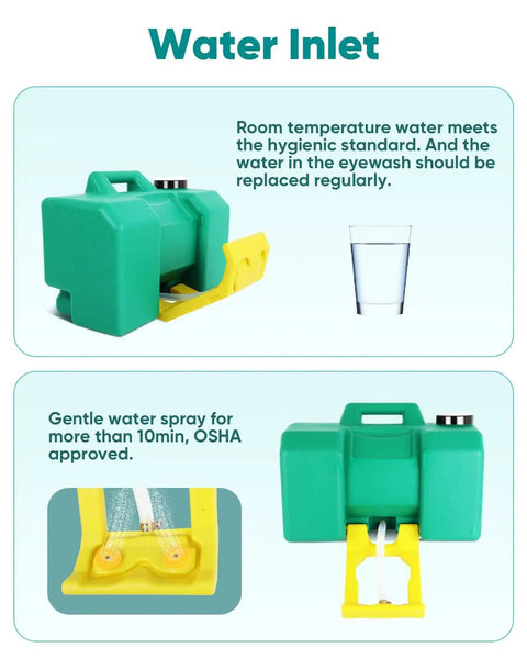 Water inlet of Portable Eight Gallon Eyewash Station Worksite Ready Gravity Fed Emergency Rinse, green tank with yellow activator.