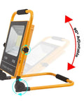 Rugged Rechargeable Led Work Flood Light With Solar Panel And IP65 Weatherproof Design angled 90 degrees showing adjustable handle.