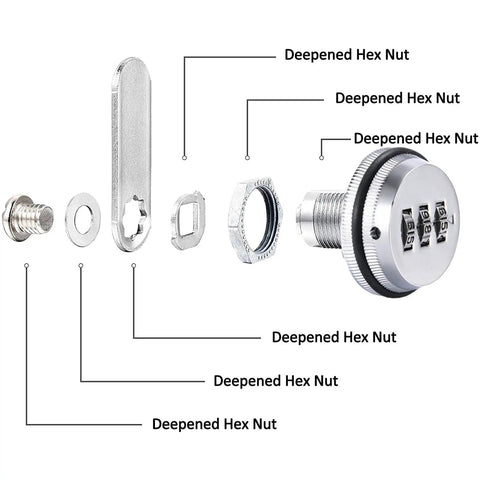 Exploded view of Six Piece Silver Combination Cam Lock Set For Cabinets And Drawers with individual components labeled.