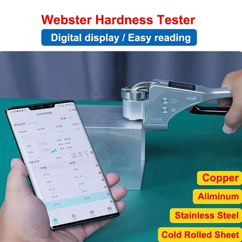 Handheld Digital Hardness Tester With Auto Storage And Quick Scale Switch For Steel Aluminum Brass Copper And Tough Metals Built Like A Tank For Daily Grind measuring metal block with digital display and smartphone.