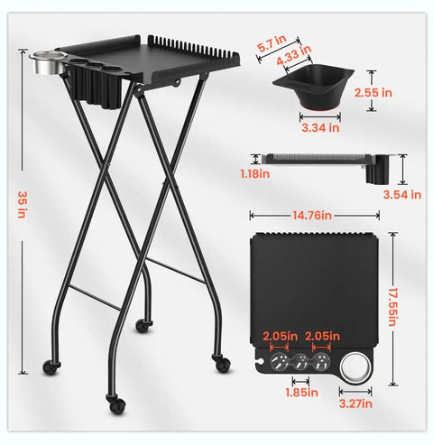 Pro Grade Hair Styling Station Cart with foldable X-shaped base, metal rolling trolley, magnetic color bowls, tool holder, extension stand.