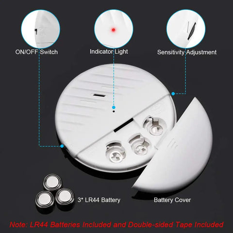 Ultra Slim Wireless Glass Break Alarm Kit With 125dB Siren showing open battery compartment and LR44 batteries included