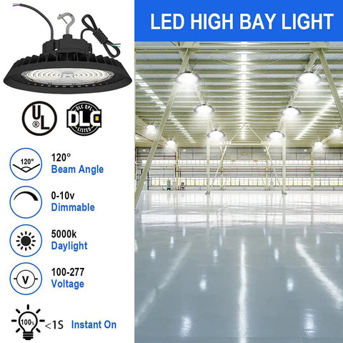 200W LED High Bay Light With 30000LM Beastly Brightness, 0 To 10V Dimmable, 5000K UFO LED Commercial Bay Lighting For Workshop Warehouse Garage, 550W MH HPS Equivalent, Hanging Hook And Safe Rope, UL DLC Listed 2 Pack shown in warehouse