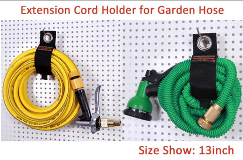 Extension Cord Holder Organizer 10 Pack Heavy Duty Storage Straps 13 inch holding garden hose on pegboard