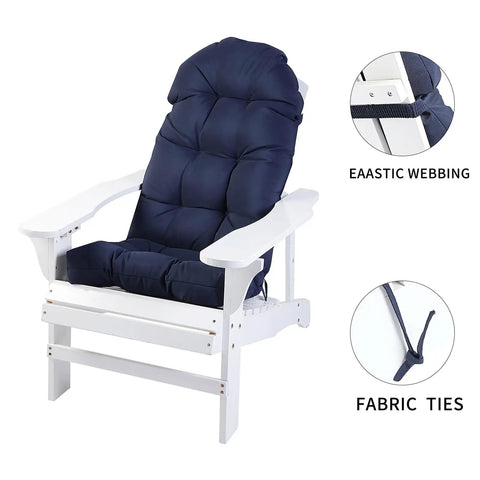Navy Adirondack Chair Cushions Set Of 2 Weather Resistant High Back Rocking Patio Cushions with non-slip ties on white chair.