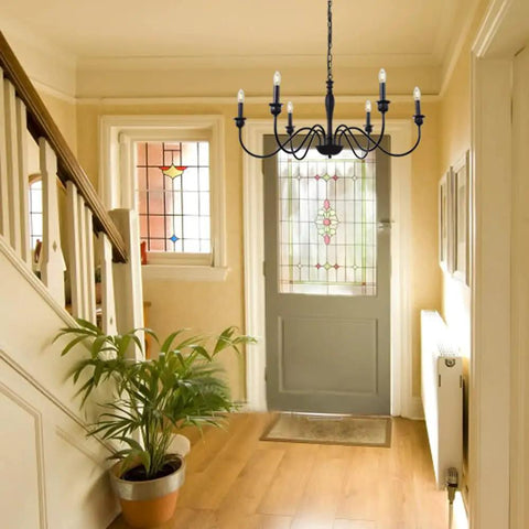 Entryway with Six Light Farmhouse Chandelier In Black Iron For Dining Room And Kitchen Island Rustic Industrial Ceiling Light Fixture
