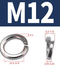 M12 split lock washer, 304 stainless steel, front and side views; outer diameter 12.2–12.9 mm, thickness 3.1 mm