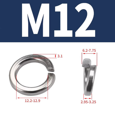 M12 split lock washer, 304 stainless steel, front and side views; outer diameter 12.2–12.9 mm, thickness 3.1 mm