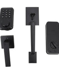 Badass Keyless Entry Lock Set With Fingerprint Scanner And Auto Electronic Keypad Deadbolt Digital Smart Code Setup Featuring Hella Smooth Lever Handle In Matte Black displayed from multiple angles.