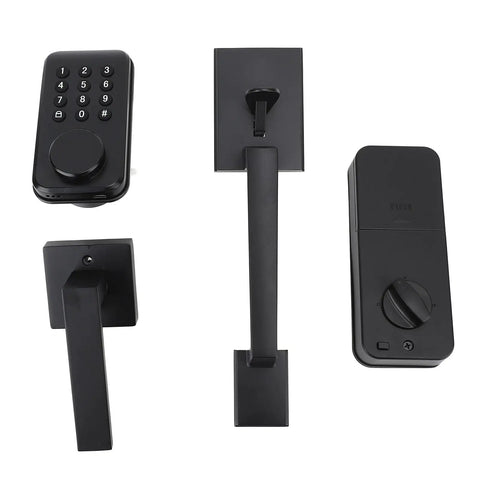 Badass Keyless Entry Lock Set With Fingerprint Scanner And Auto Electronic Keypad Deadbolt Digital Smart Code Setup Featuring Hella Smooth Lever Handle In Matte Black displayed from multiple angles.