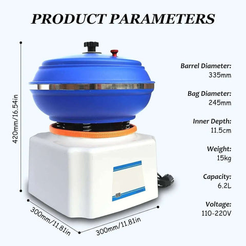 335mm Electric Jewelry Vibration Tumbler Polisher With 6.2L Rock Tumbler Bowl, shown with dimension and capacity details.