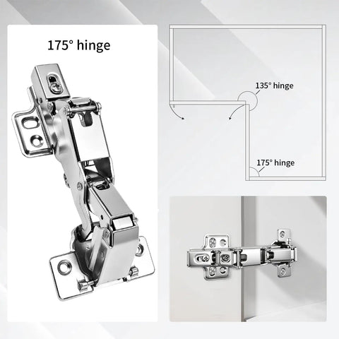 Slick Heavy Duty 175 Degree Soft Close Frameless Cabinet Door Hinges shown in 175° and diagram of hinge installation.