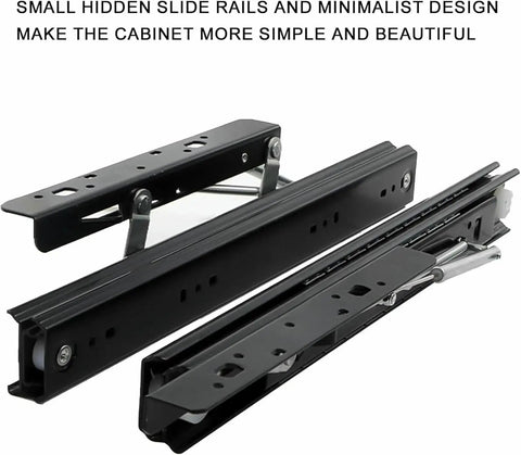 Rock Solid Heavy Duty Dining Table Extension Slides Featuring Smooth Quiet Ball Bearings, black slide rails for minimalistic cabinet design.