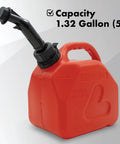 Small red portable gas can with nozzle and handle, anti spill design, child resistant cap, 1.32 gallon capacity for fuel storage.