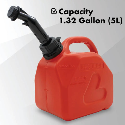 Small red portable gas can with nozzle and handle, anti spill design, child resistant cap, 1.32 gallon capacity for fuel storage.