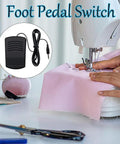 Mini Sewing Machine Foot Pedal Switch for small sewing machines with hands free control, showing foot pedal and sewing setup.