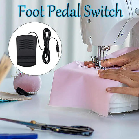 Mini Sewing Machine Foot Pedal Switch for small sewing machines with hands free control, showing foot pedal and sewing setup.