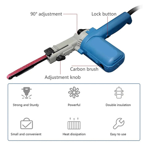 Heavy Duty Belt Sander And Angle Grinder Combo Tool With Adjustable Sanding Belts For Wood Metal Polishing showing features like 90° adjustment and lock button.