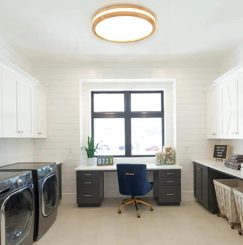 Wood LED Flush Mount Ceiling Light Modern Round Ceiling Lamp For Bedroom Living Room Hallway And Laundry 15.8 Inch 4000K