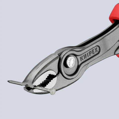 TwinGrip Pliers 6 Inch With Front And Side Gripping Jaws For Stripped Screws And Bolts shown gripping a metal nail