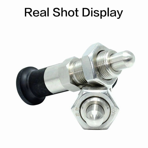 Top Shelf M8 Self Locking Indexing Pin With Spring Loaded Latch Bolt, dead simple install, showcasing 304 stainless steel and aluminum.