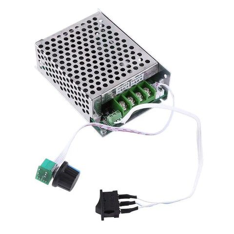 Adjustable DC Brushed Motor Speed Controller With PWM Regulator For DC 10V To 50V 30A Beefy High Power Switch shown with wires