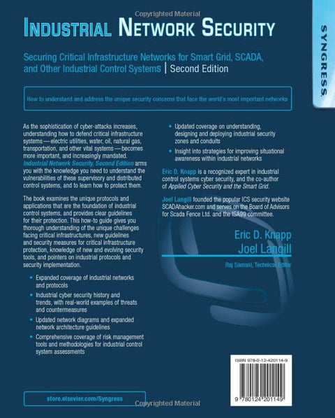 Back cover of blue book: Industrial Network Security, 2nd Edition; barcode visible.