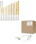 Top Shelf Hex Shank Drill Bit Combo Paired With Clear Impact Resistant Safety Glasses Bulk Quick Change Bits For Power Tools And Drivers Jobsite Ready To Roll with golden drill bits and safety glasses.