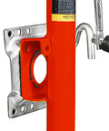 Installed Torin 1000-lb trailer jack with wheel on red steel trailer tongue; bolt-on base plate visible.