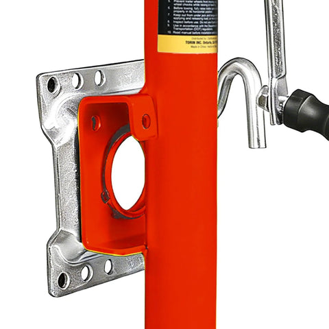 Installed Torin 1000-lb trailer jack with wheel on red steel trailer tongue; bolt-on base plate visible.