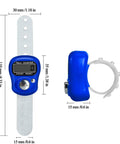 Pocket Electronic Finger Counter With LCD Display Lightweight Resettable Hand Tally Clicker Zero To Ninety Nine Thousand Single Hand Grip shown in blue with dimensions.