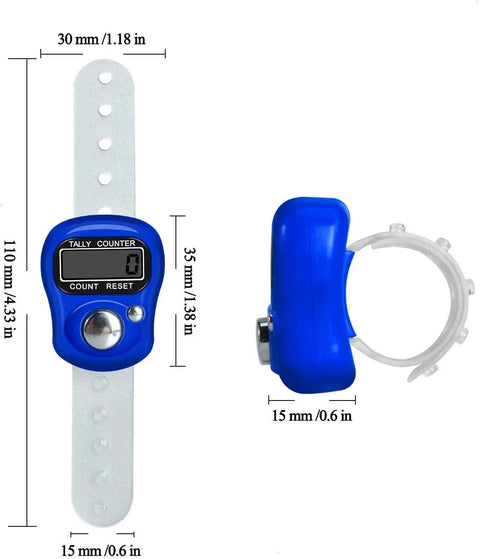 Pocket Electronic Finger Counter With LCD Display Lightweight Resettable Hand Tally Clicker Zero To Ninety Nine Thousand Single Hand Grip shown in blue with dimensions.