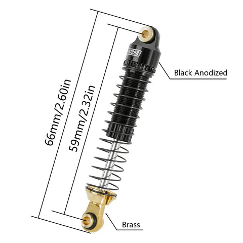 59mm Threaded Oil Shocks With Brass Ends For 1/18 TRX4M Upgrade, black anodized aluminum body, telescopic suspension.