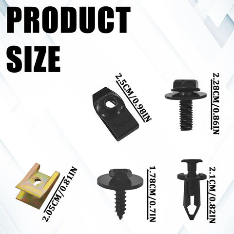 Badass 100 Piece Car Body Screw And Bolt Kit Featuring Universal U Screws Fasteners for Bumper Repair and Vehicle Trim has various sizes shown.
