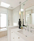 Modern bathroom with glass shower enclosure and chrome fixtures, featuring 16 Inch Modern Stainless Steel Door Handle Pulls In Chrome Mirror Polish Finish For Wood Glass And Metal Doors Push Pull Bar For Single Or Double Doors Sliding Barn Doors And Shower Pulls With Square Rectangle Design.