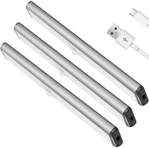 Under Cabinet LED Lights With Motion Sensor And USB Rechargeable Magnet Light Bar, 10 LED Night Light Kit, Silver 3 Pack