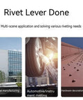Rivet Lever Done showcasing industrial, automotive, and hardware decoration applications with Smooth Operator Cordless Pop Rivet Gun.