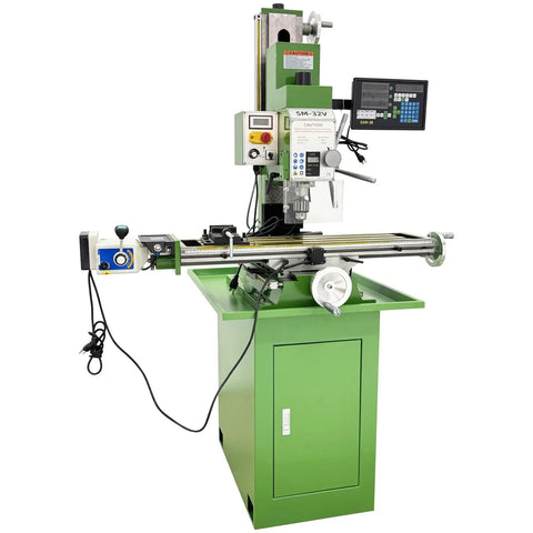 Jaryannix 1.5Kw Benchtop Mill Drill With Brushless Motor And 3-Axis Digital R8 Spindle Taper on green stand, precision metalworking machine.
