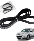 Premium 6PK2243 Serpentine Drive Belt For Dodge Durango Ram Tundra And Toyota Land Cruiser displayed with packaging and vehicle.