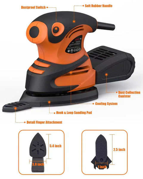 Straight Shooting Electric Detail Sander With Heavy Duty Dust Extraction And Ergonomic Palm Grip, featuring soft rubber handle and dust canister.