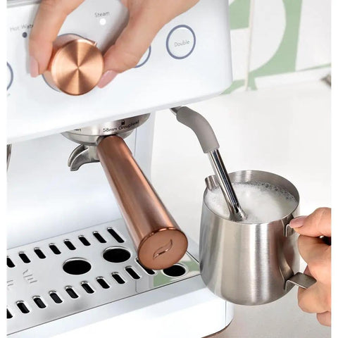 Next Level Semi Automatic Espresso Machine With Badass Built In Grinder And Silky Milk Frother Featuring WiFi App Control Custom Drinks 15 Bar Pump 95 Oz Water Tank Matte White Copper Accents with copper steam wand.