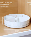 Under Sink Turntable Organizer With Adjustable Dividers, white 12 inch, 360 Degree Rotation shown with 3 dividers and dimensions