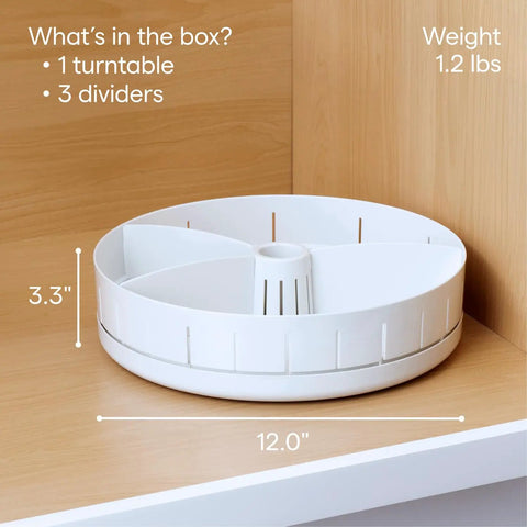 Under Sink Turntable Organizer With Adjustable Dividers, white 12 inch, 360 Degree Rotation shown with 3 dividers and dimensions