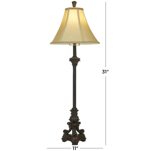 Antique Style Polystone Buffet Table Lamp With Tassel Pull Chain In Bronze Finish 31 Inches Tall Features A Carved Pedestal Base Beige Shade